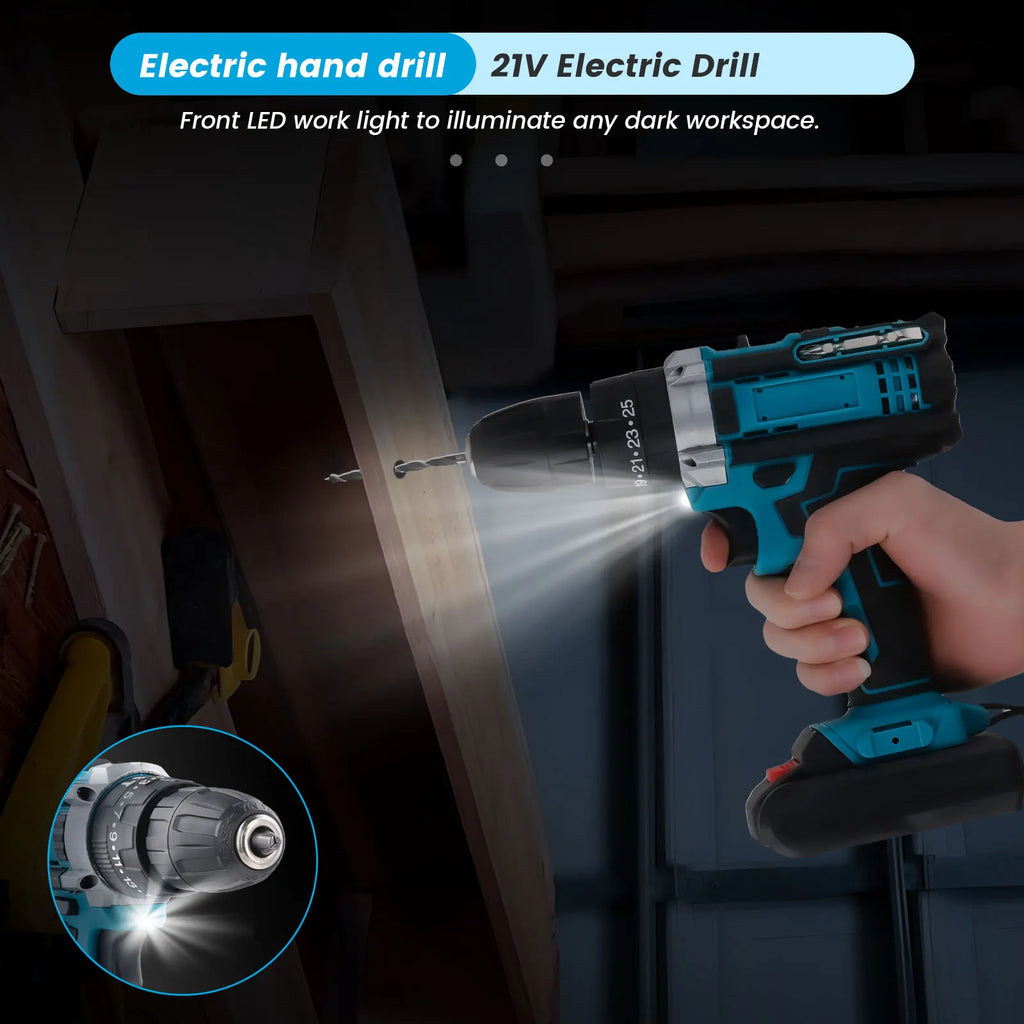 21V Cordless Brush Drill Driver with Impact Function Rotary Hammer 2-Speed Hammer Drill Electric Screwdriver Set With 2 Battery