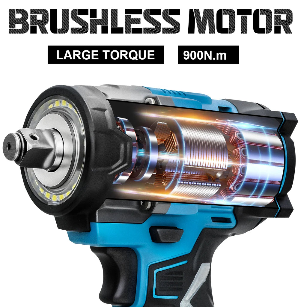 Gisam 900N.M Brushless Electric Wrench 1/2 Inch Impact Wrench Electirc Screwdriver Drill Compatible with Makita 18V Battery Pin