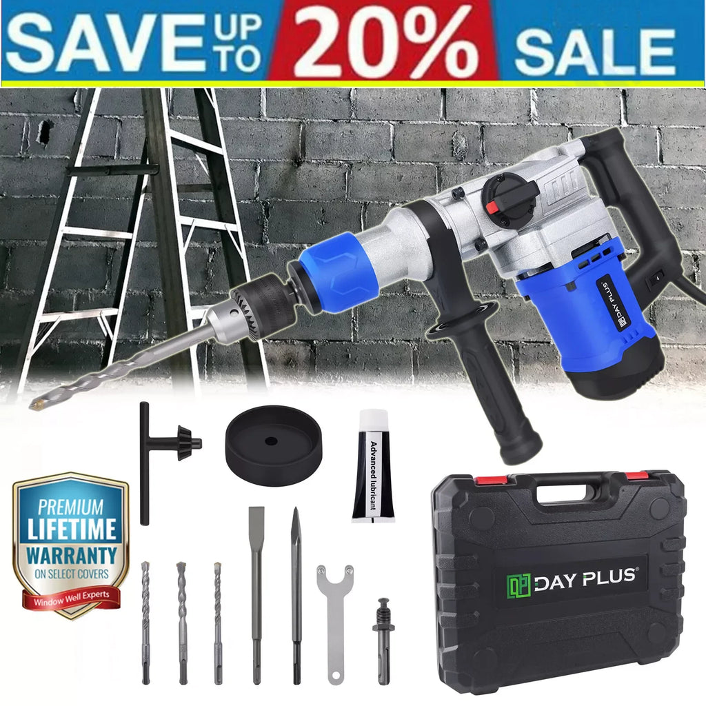 DayPlus 1500W SDS-Plus Rotary Hammer Drill,Corded Drills, Heavy Duty Chipping Hammers w/ Vibration Control& Safety Clutch & Case