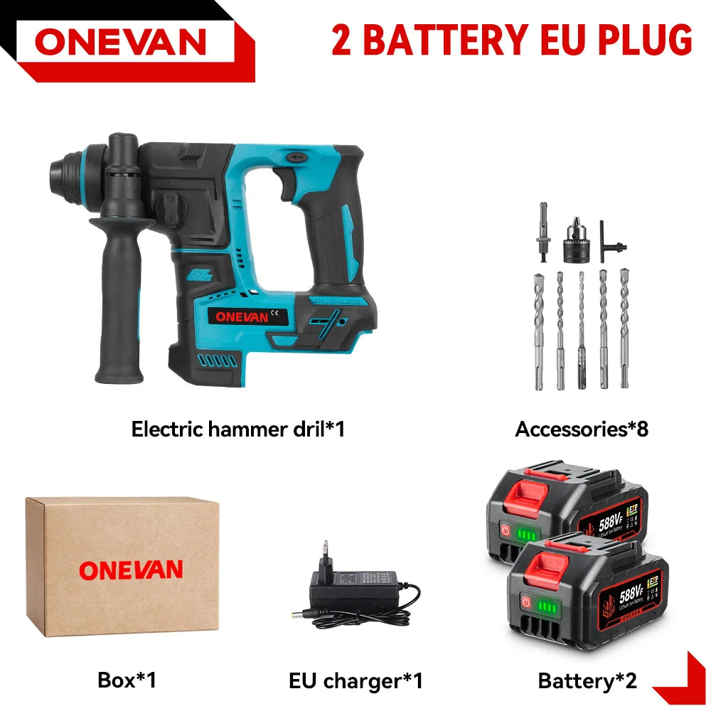 ONEVAN 27MM Brushless Electric Hammer Impact Drill Cordless Multifunction Rotary Hammer Power Tool For Makita 18V Battery Pin