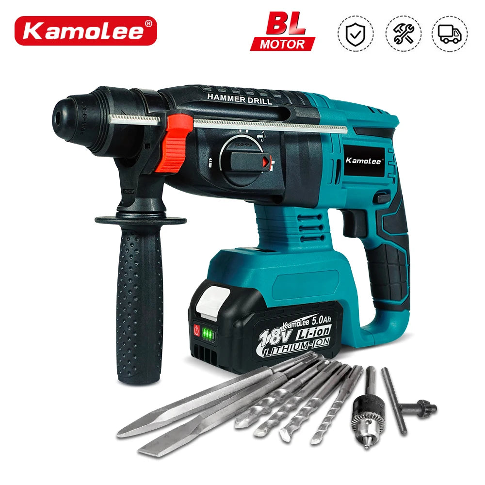 Kamolee 2000W 10600IPM Brushless Cordless Rotary Hammer Drill Rechargeable Electric Hammer Impact Drill