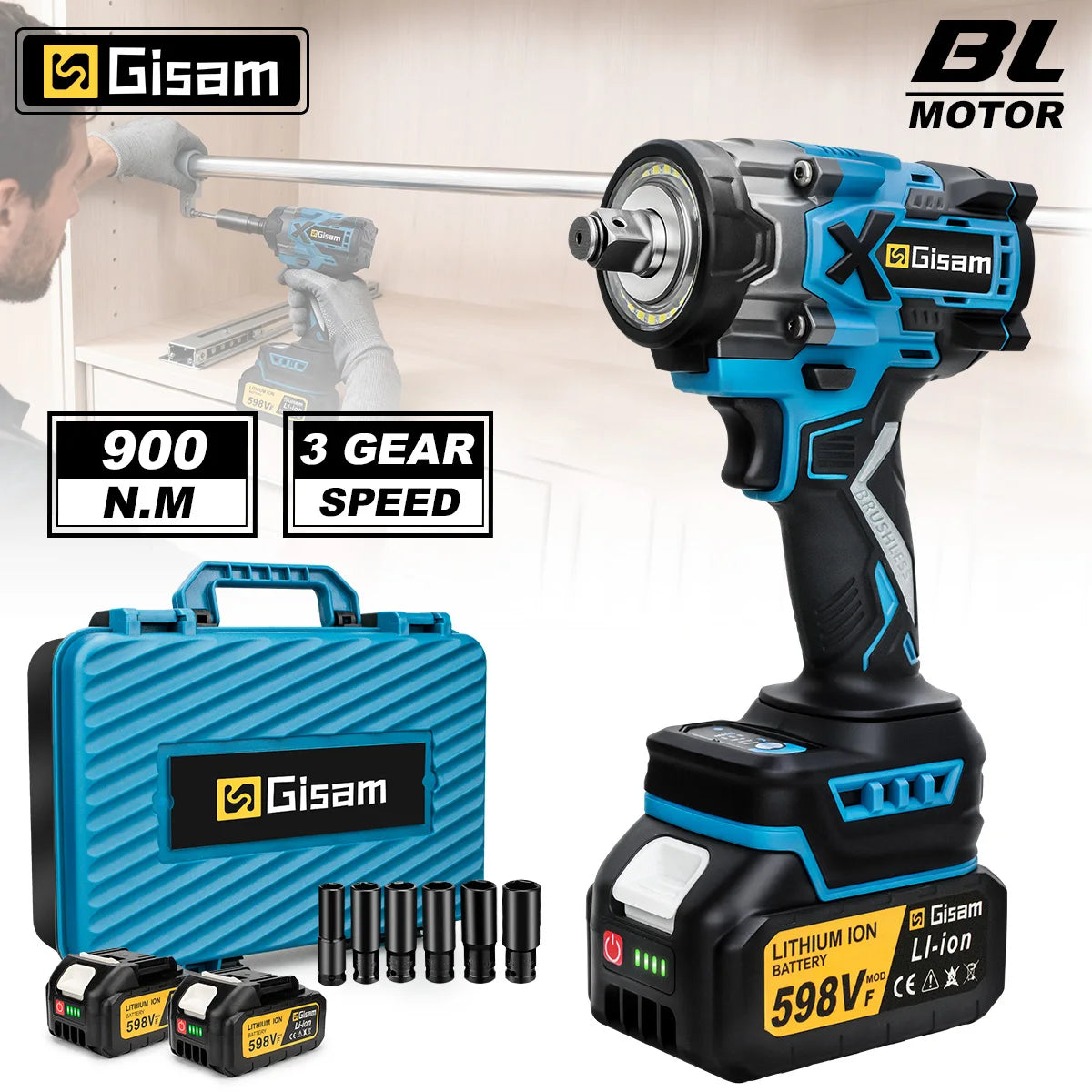Gisam 900N.M Torque Brushless Electric Impact Wrench 1/2 inch Cordless Wrench Screwdriver Power Tools For Makita 18V Battery Pin