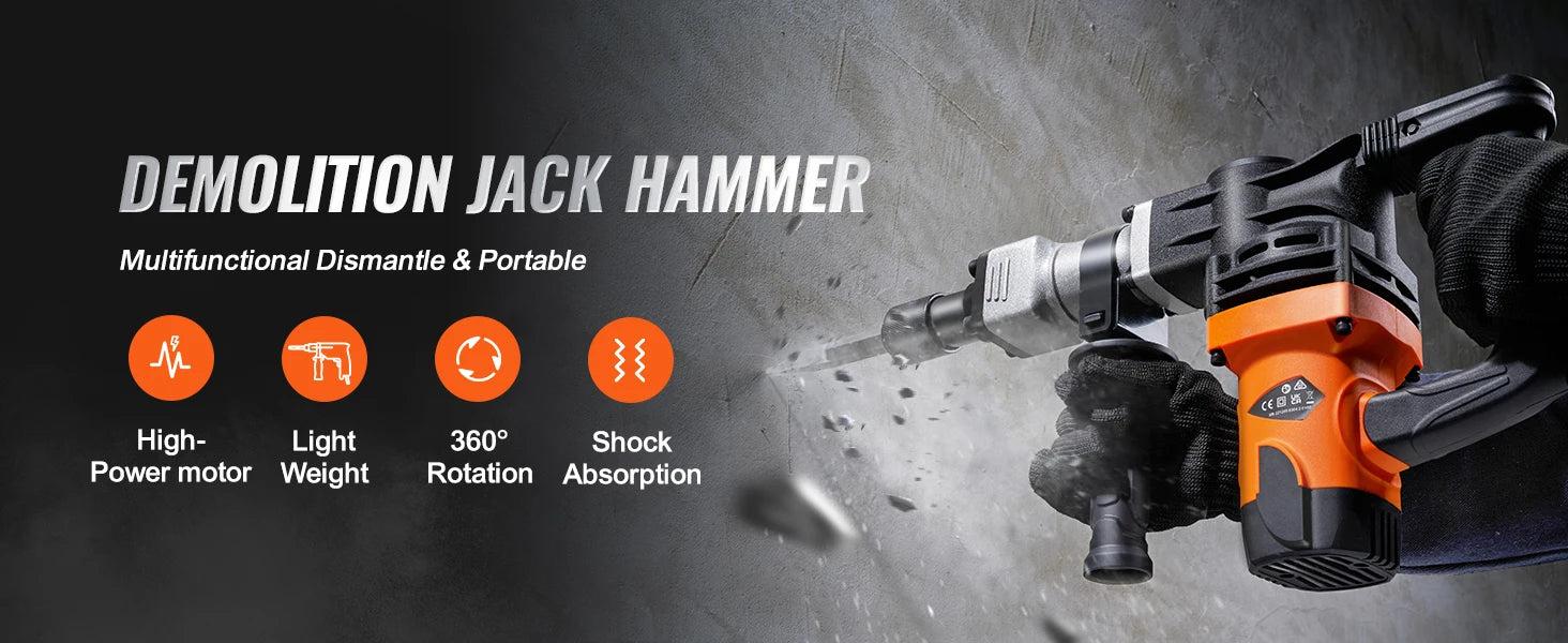 SucceBuy 1400 W Demolition Jack Hammer Electric Jackhammer Heavy Duty 2900 BPM Concrete Breaker 2 pcs Chisels Bits Chipping