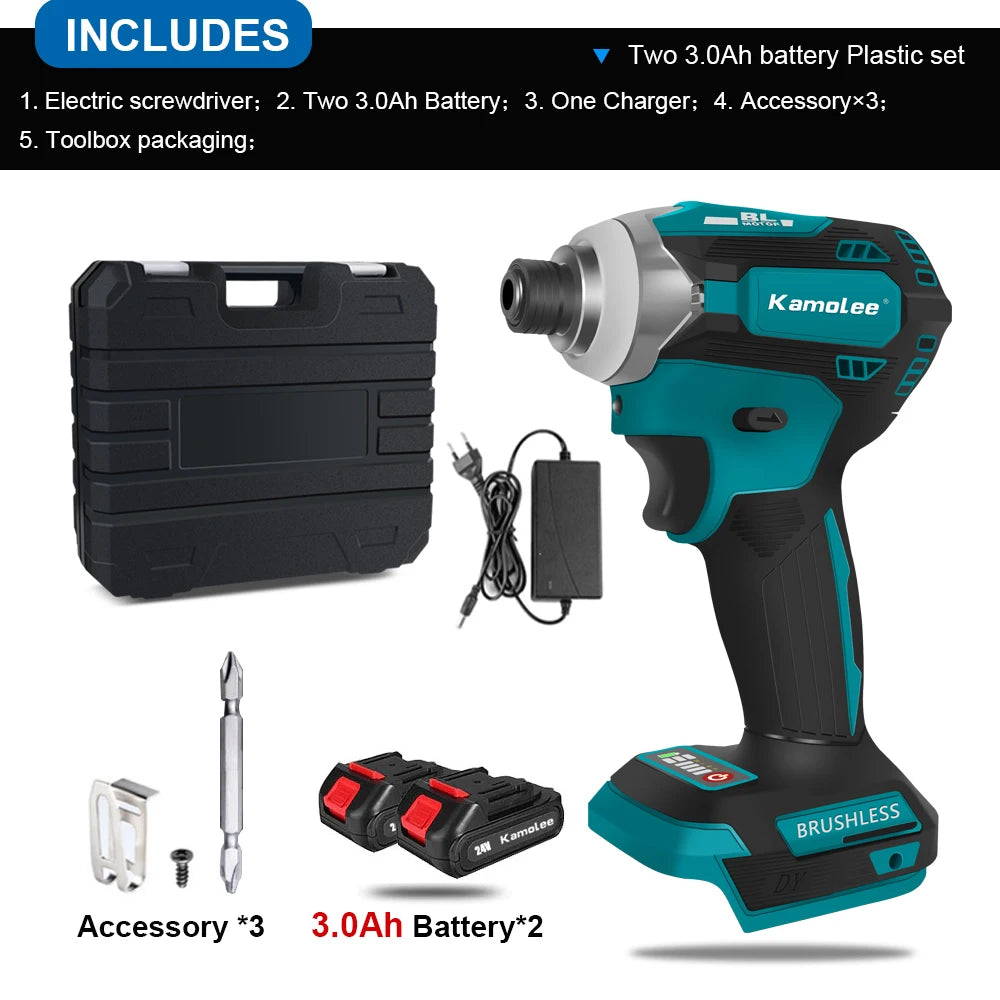 Kamolee 588Nm Cordless Electric Impact Brushless Wrench 5 Speed Screwdriver Power Tool 1/4" with 3 LED Light for 18V 21V Battery