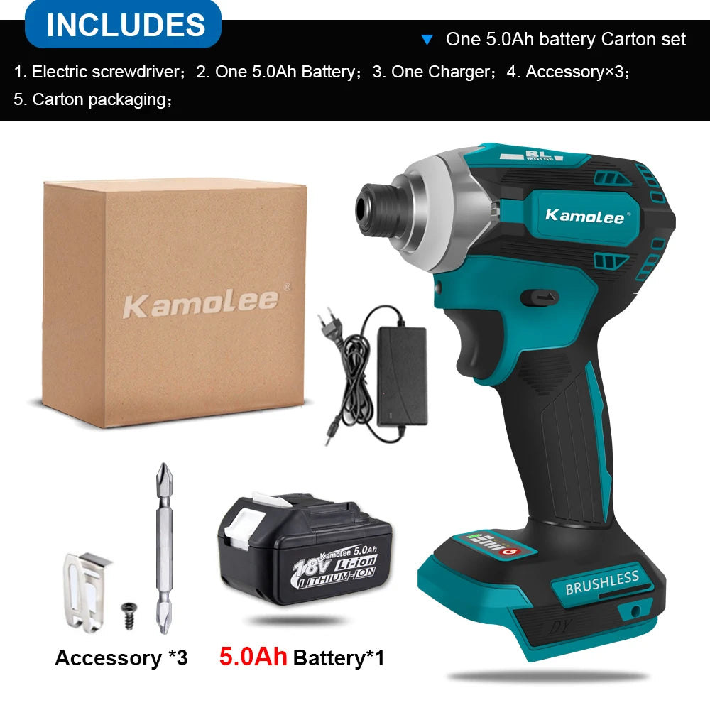 Kamolee 588Nm Cordless Electric Impact Brushless Wrench 5 Speed Screwdriver Power Tool 1/4" with 3 LED Light for 18V 21V Battery