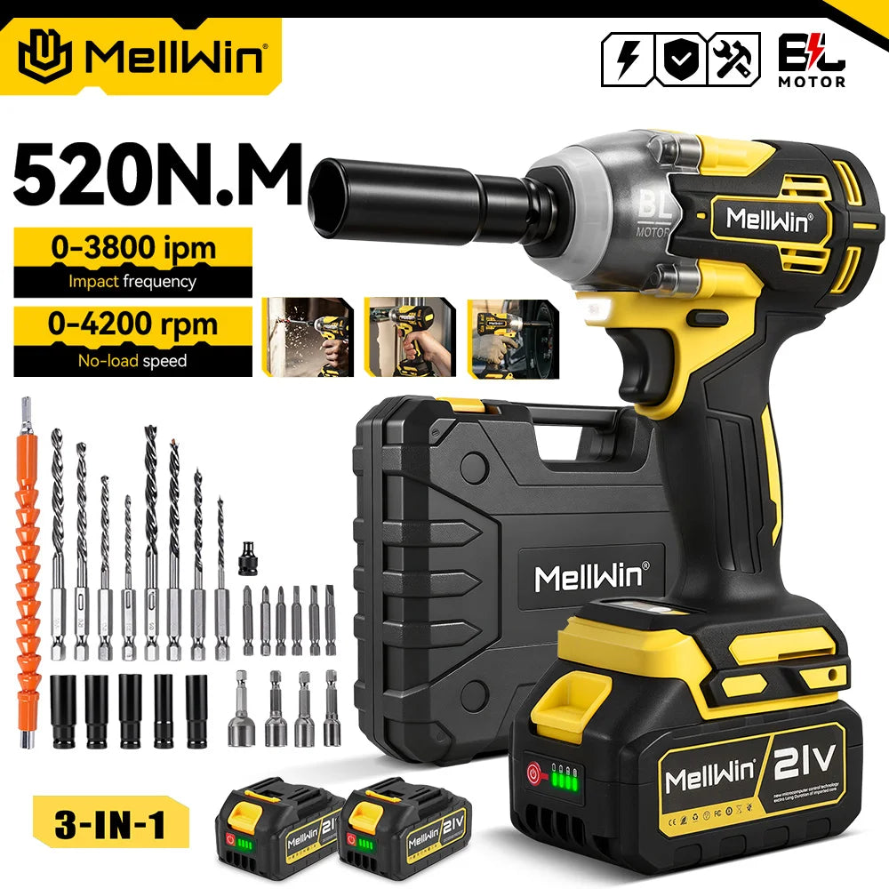MELLWIN Brushless 520N·m Multi Electric Impact Wrench Set 3IN1 Electric Drill Screwdrive Repair Tool For Makita 18V Battery Pin
