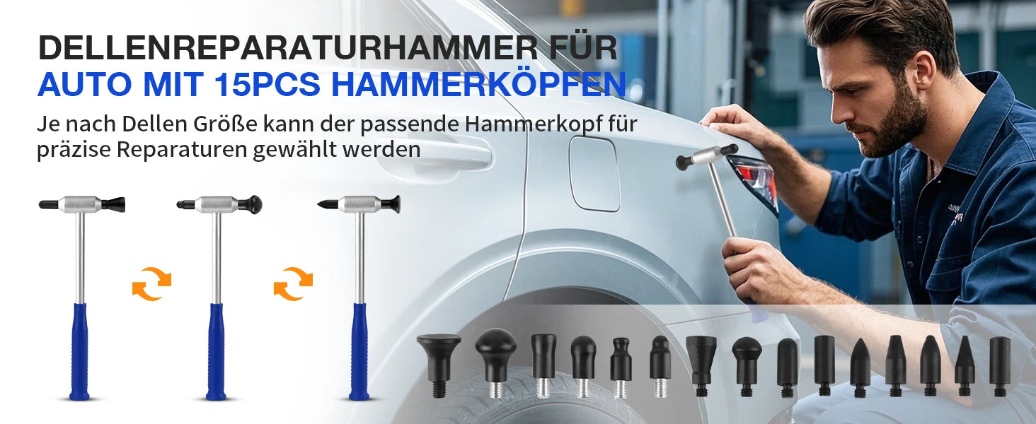 PDR Tool Dent Repair Hammer Set 15 Interchangeable Heads for Precise Removal of Small Hail Damage Rustproof Aluminum Alloy