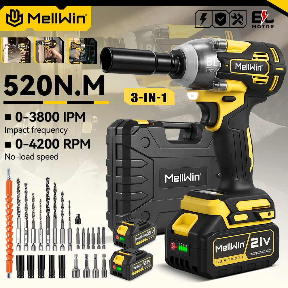 MELLWIN Brushless 520N·m Multi Electric Impact Wrench Set 3IN1 Electric Drill Screwdrive Repair Tool For Makita 18V Battery Pin