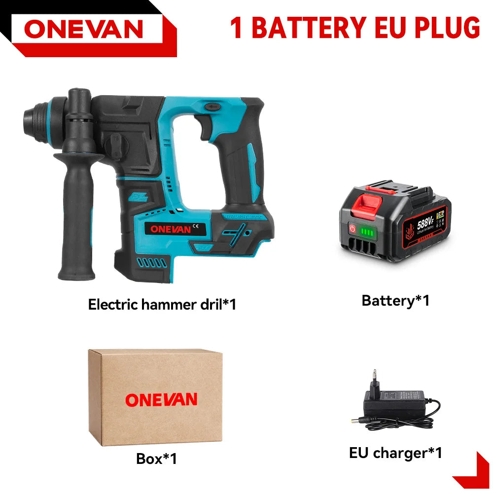 ONEVAN 27MM Brushless Electric Hammer Impact Drill Cordless Multifunction Rotary Hammer Power Tool For Makita 18V Battery Pin