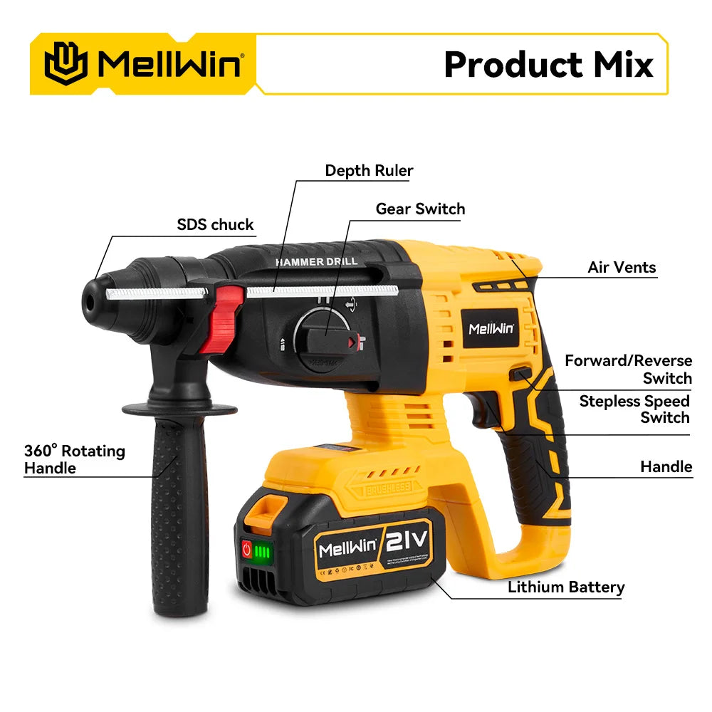 MELLWIN 3 in 1 Brushless Electric Hammer Drill Multifunction Impact Hammer for Steel Concrete Wood For Makita 18V Battery Pin