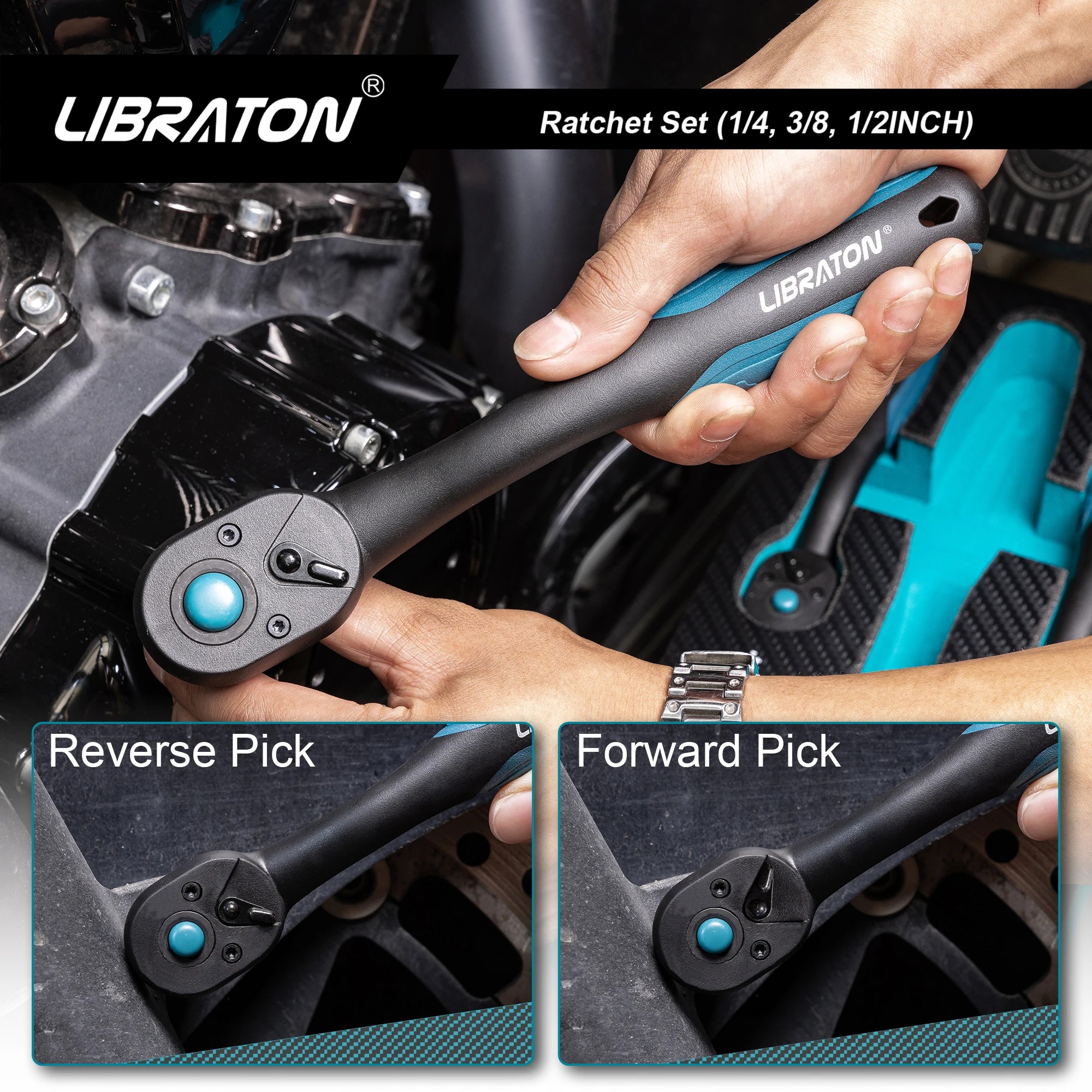 LIBRATON 72-Tooth Ratchet Wrench Quick Release Ratchet Handle Reversible 1/4'' 3/8'' 1/2'' Drive Auto Repair Tool Home DIY Tools