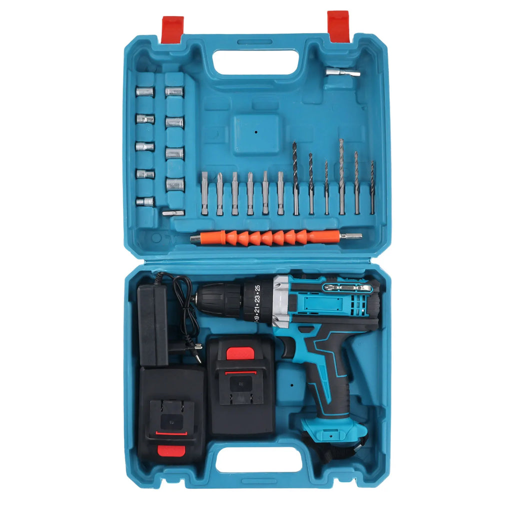 21V Cordless Brush Drill Driver with Impact Function Rotary Hammer 2-Speed Hammer Drill Electric Screwdriver Set With 2 Battery