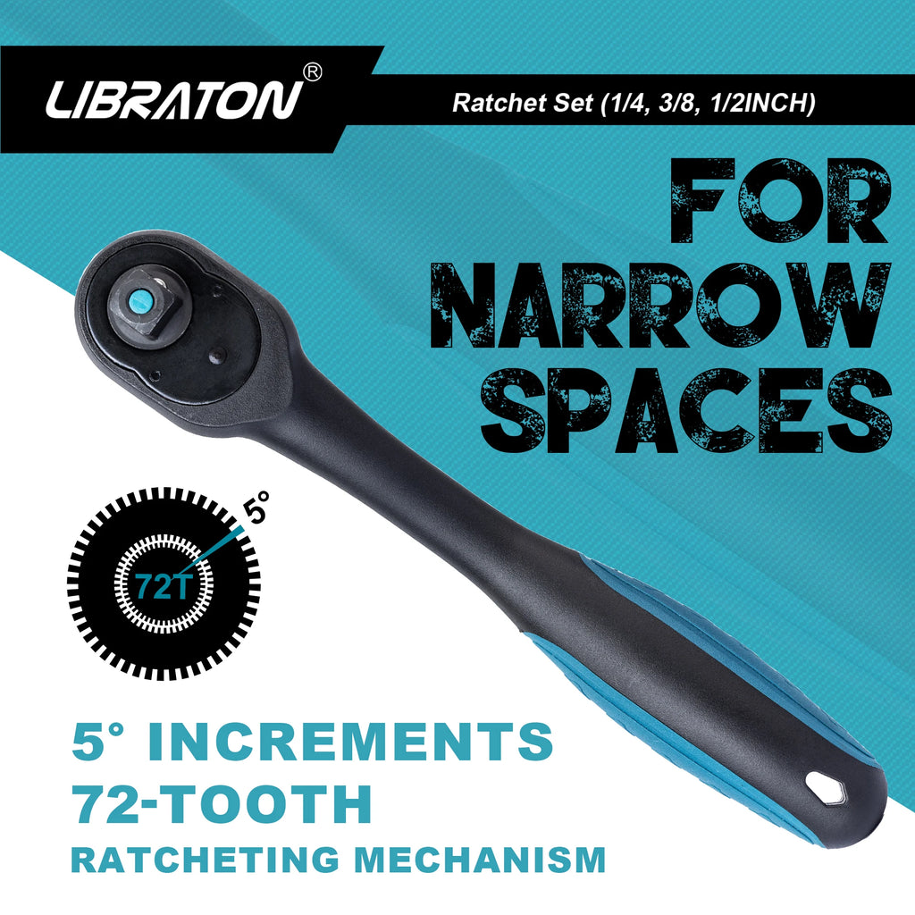 LIBRATON 72-Tooth Ratchet Wrench Quick Release Ratchet Handle Reversible 1/4'' 3/8'' 1/2'' Drive Auto Repair Tool Home DIY Tools