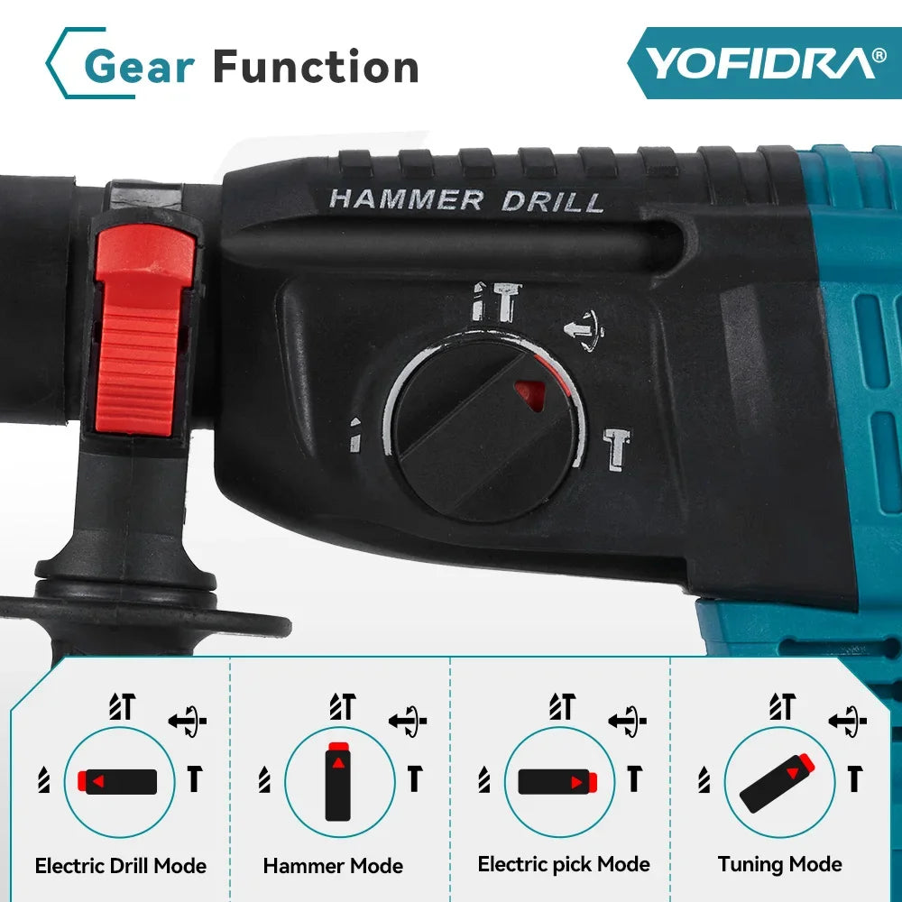 YOFIDRA 26MM Brushless Electric Hammer Drill 1680W Cordless Multifunctional Rotary Hammer Drill Tool For Makita 18V Battery Pin