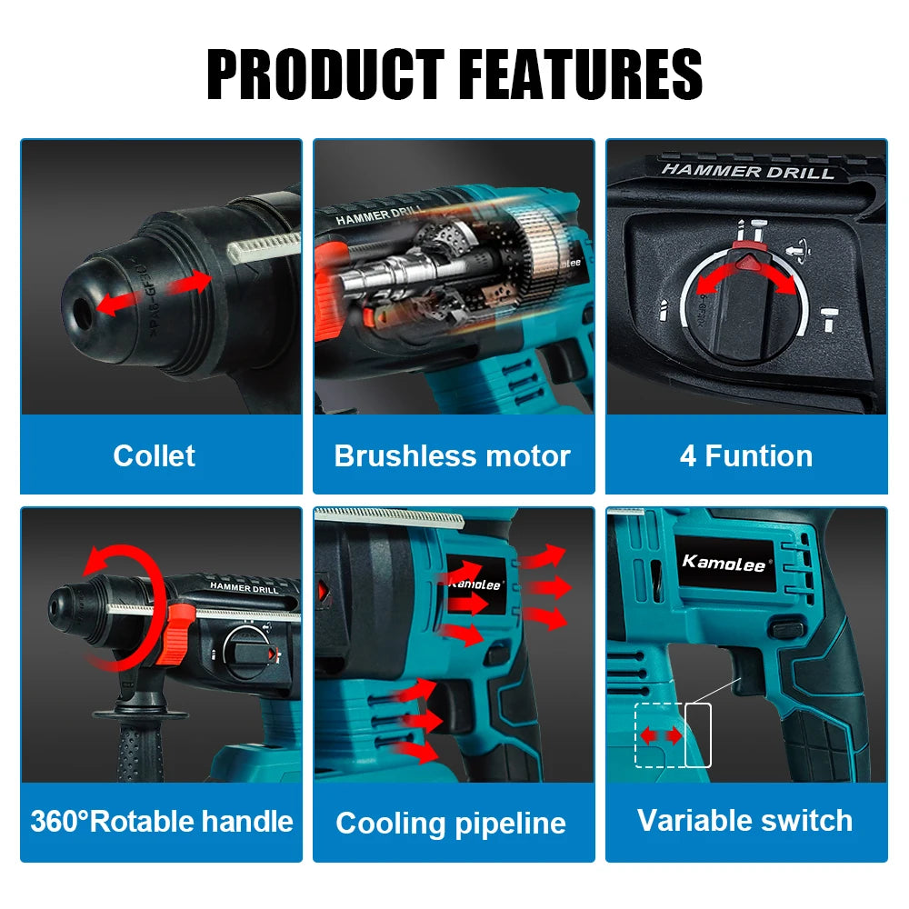 Kamolee 2000W 10600IPM Brushless Cordless Rotary Hammer Drill Rechargeable Electric Hammer Impact Drill