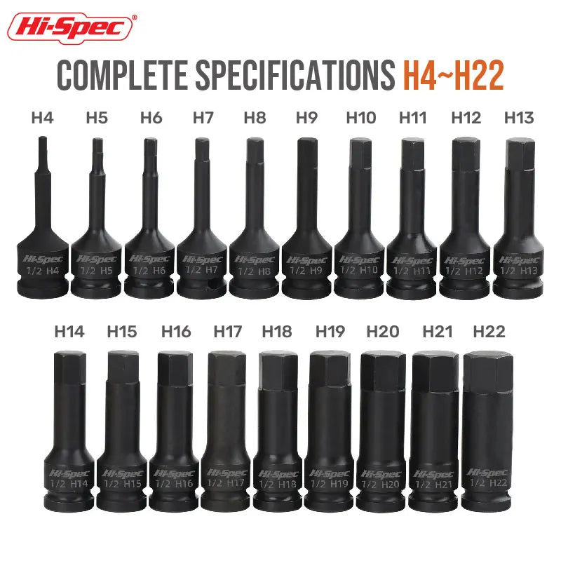 Hi-Spec 1/2 Impact Screwdriver Hex Bit Socket Heavy Duty Electric Wrench Drill Adapter H5 to H19 Cr-Mo Hand Tool for Auto Repair