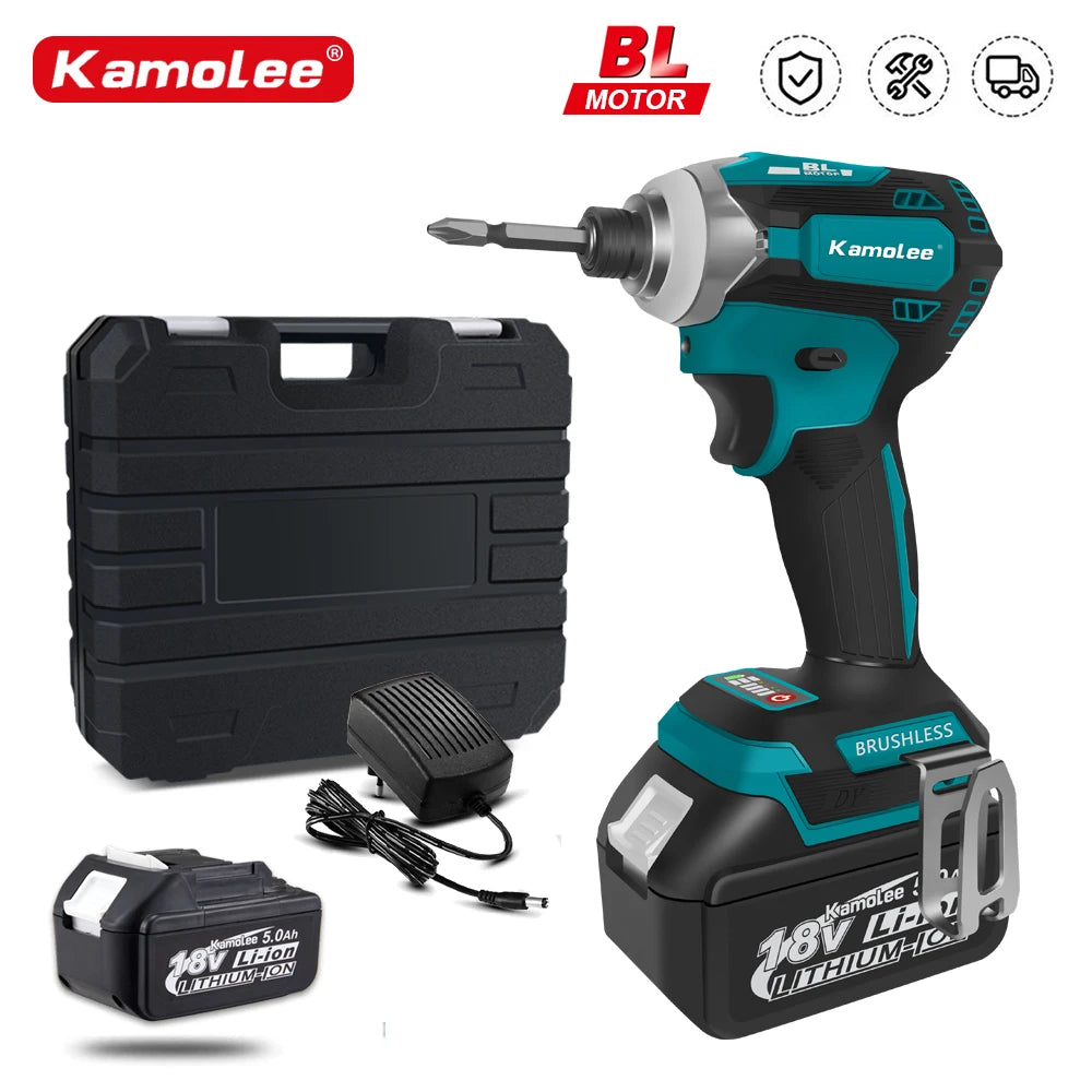 Kamolee 588Nm Cordless Electric Impact Brushless Wrench 5 Speed Screwdriver Power Tool 1/4" with 3 LED Light for 18V 21V Battery