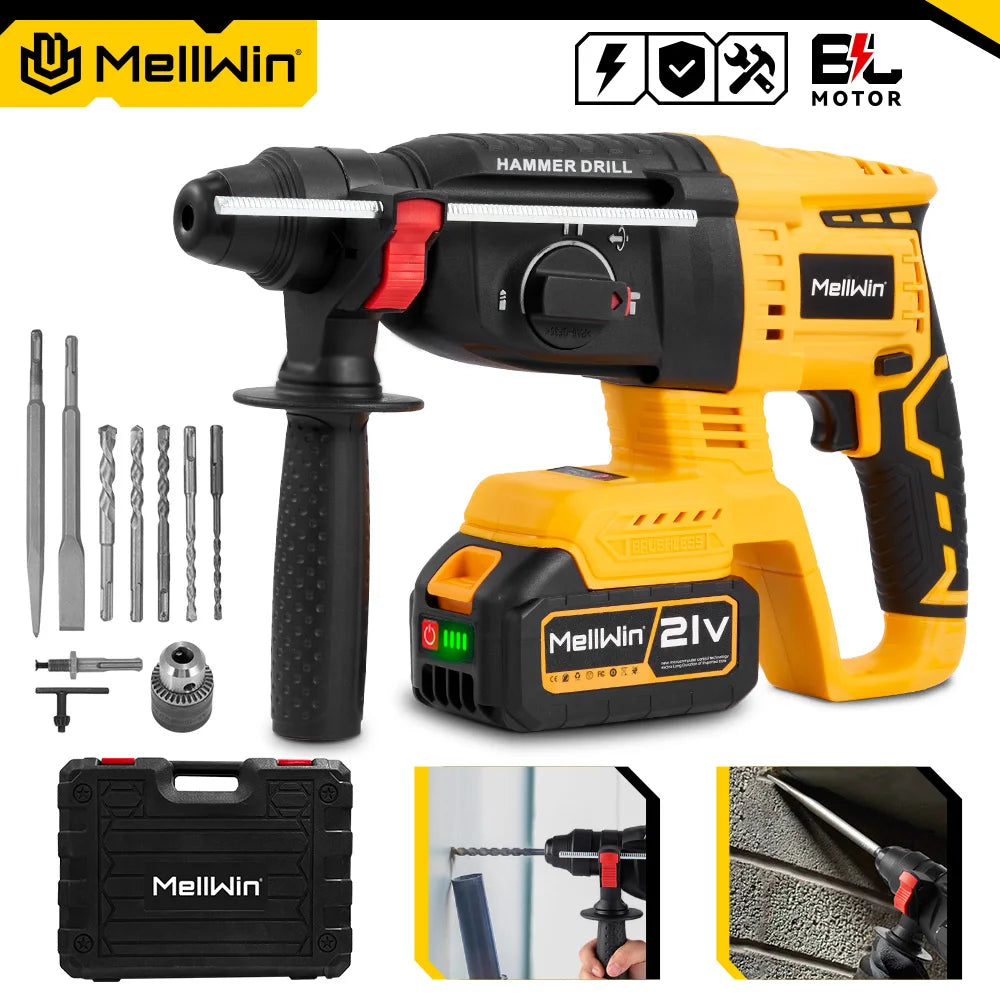 MELLWIN 3 in 1 Brushless Electric Hammer Drill Multifunction Impact Hammer for Steel Concrete Wood For Makita 18V Battery Pin