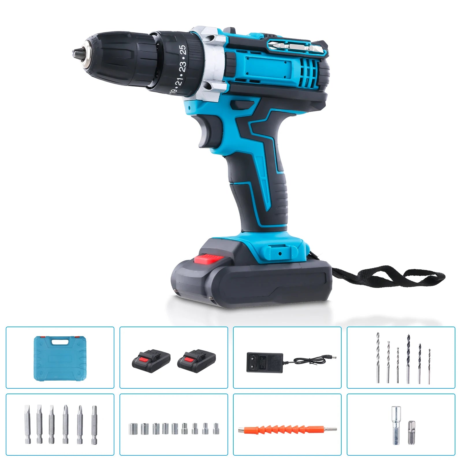 21V Cordless Brush Drill Driver with Impact Function Rotary Hammer 2-Speed Hammer Drill Electric Screwdriver Set With 2 Battery