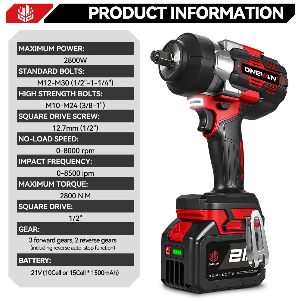 ONEVAN 2800N.M 2800W Brushless Electric Impact Wrench 1/2 Inch Cordless Wrench Screwdriver Power Tool For Makita 18V Battery Pin