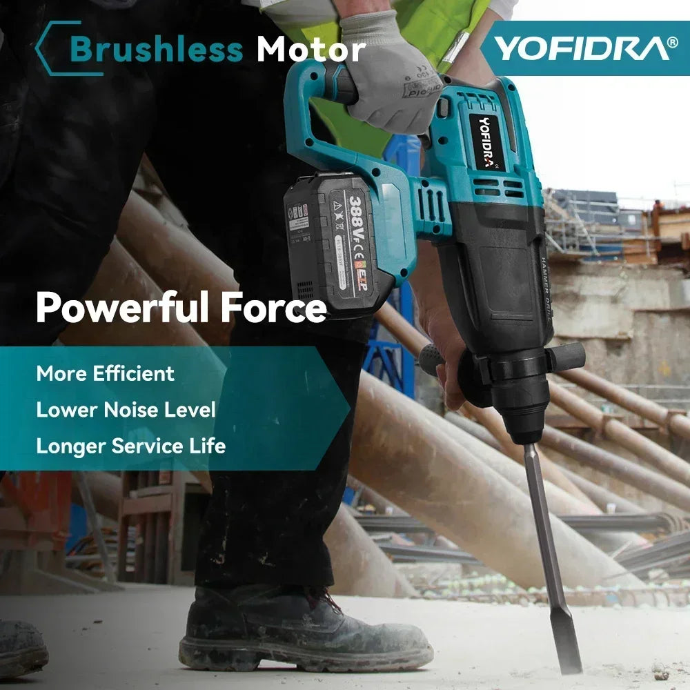 YOFIDRA 26MM Brushless Electric Hammer Drill 1680W Cordless Multifunctional Rotary Hammer Drill Tool For Makita 18V Battery Pin