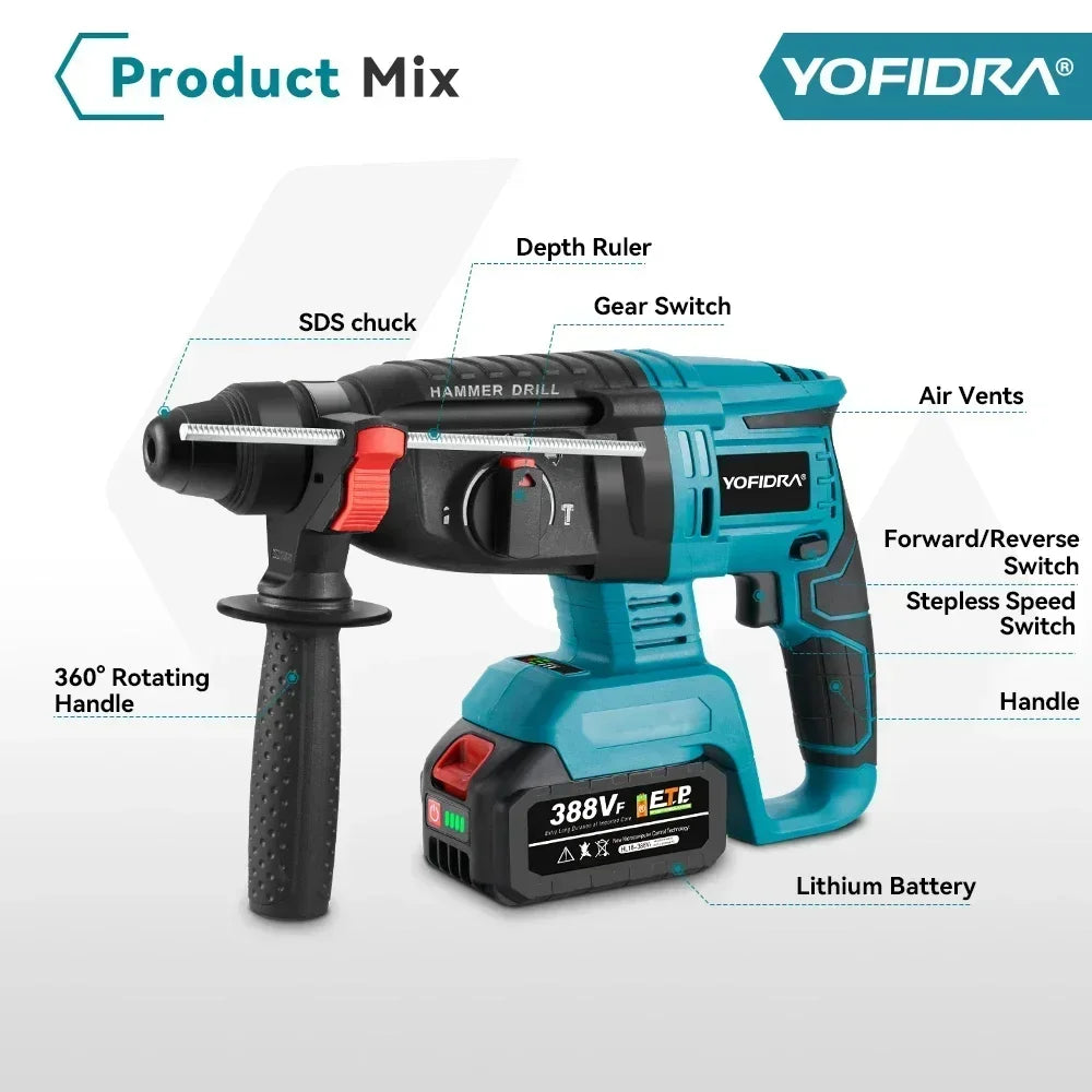 YOFIDRA 26MM Brushless Electric Hammer Drill 1680W Cordless Multifunctional Rotary Hammer Drill Tool For Makita 18V Battery Pin