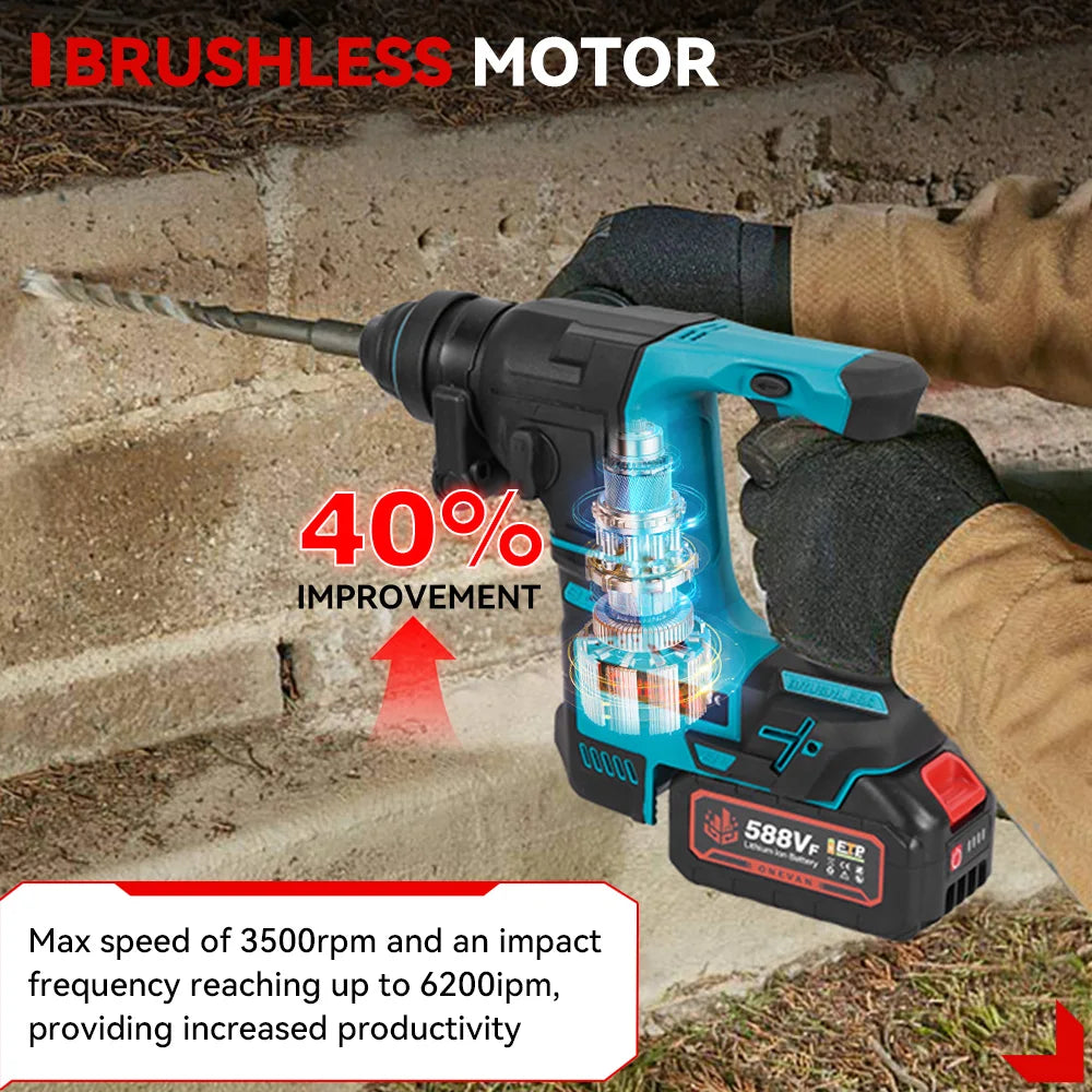ONEVAN 27MM Brushless Electric Hammer Impact Drill Cordless Multifunction Rotary Hammer Power Tool For Makita 18V Battery Pin
