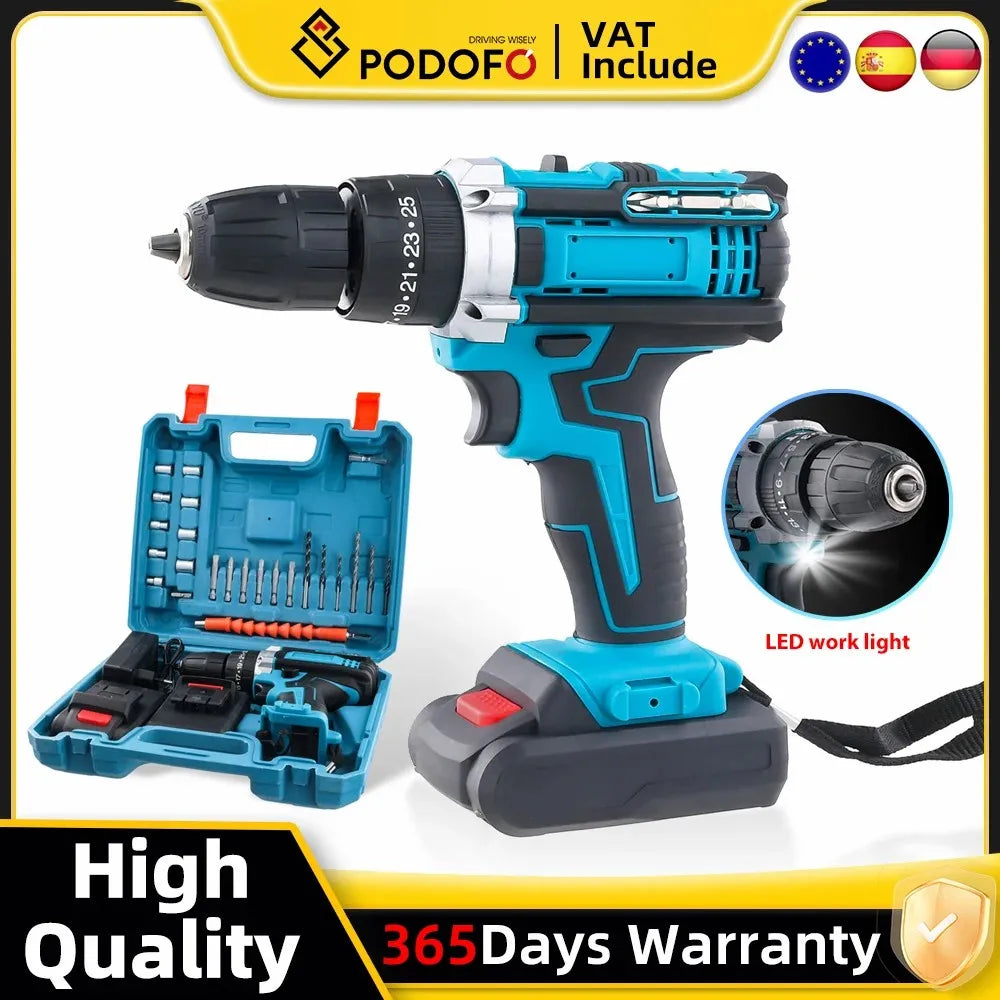 21V Cordless Brush Drill Driver with Impact Function Rotary Hammer 2-Speed Hammer Drill Electric Screwdriver Set With 2 Battery