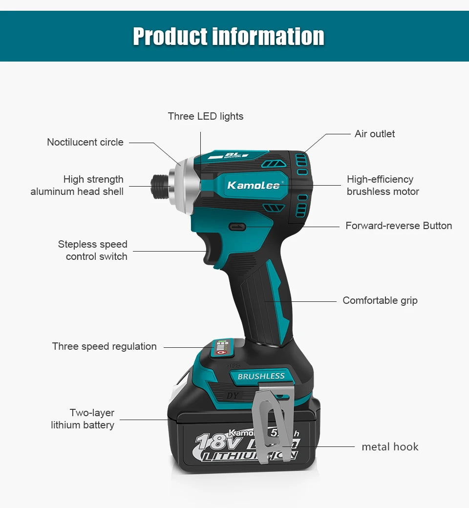 Kamolee 588Nm Cordless Electric Impact Brushless Wrench 5 Speed Screwdriver Power Tool 1/4" with 3 LED Light for 18V 21V Battery