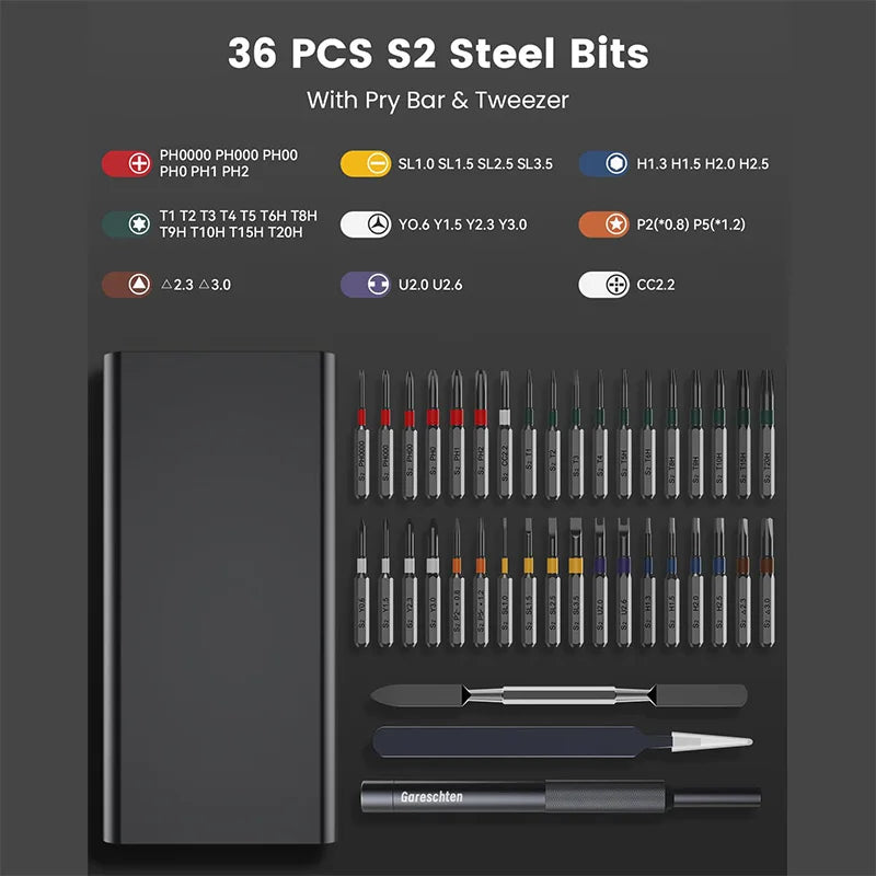 Precision Screwdriver Set, Screwdriver Kit with 36 Long S2 Bits, Magnetic Repair Tool for Glasses, Watches, PC, Computer, Camera