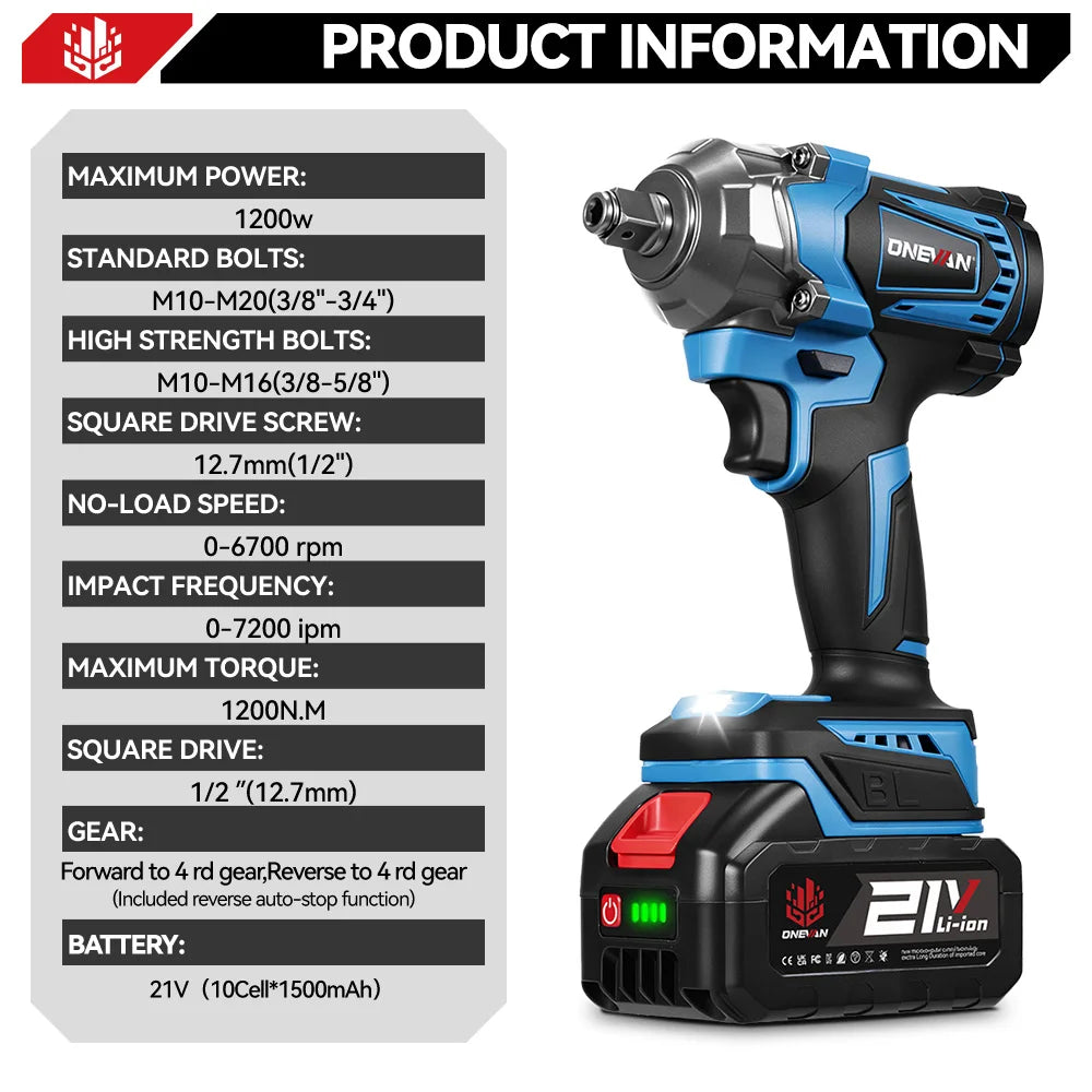 ONEVAN 1200N.M Brushless Electric Impact Wrench 1/2inch Cordless Torque Wrench Screwdriver Power Tool For Makita 18V Battery Pin