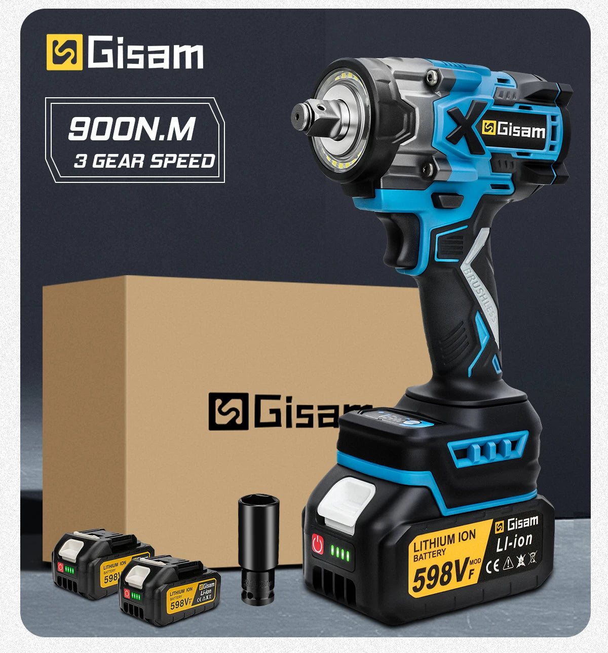 Gisam 900N.M Brushless Electric Wrench 1/2 Inch Impact Wrench Electirc Screwdriver Drill Compatible with Makita 18V Battery Pin