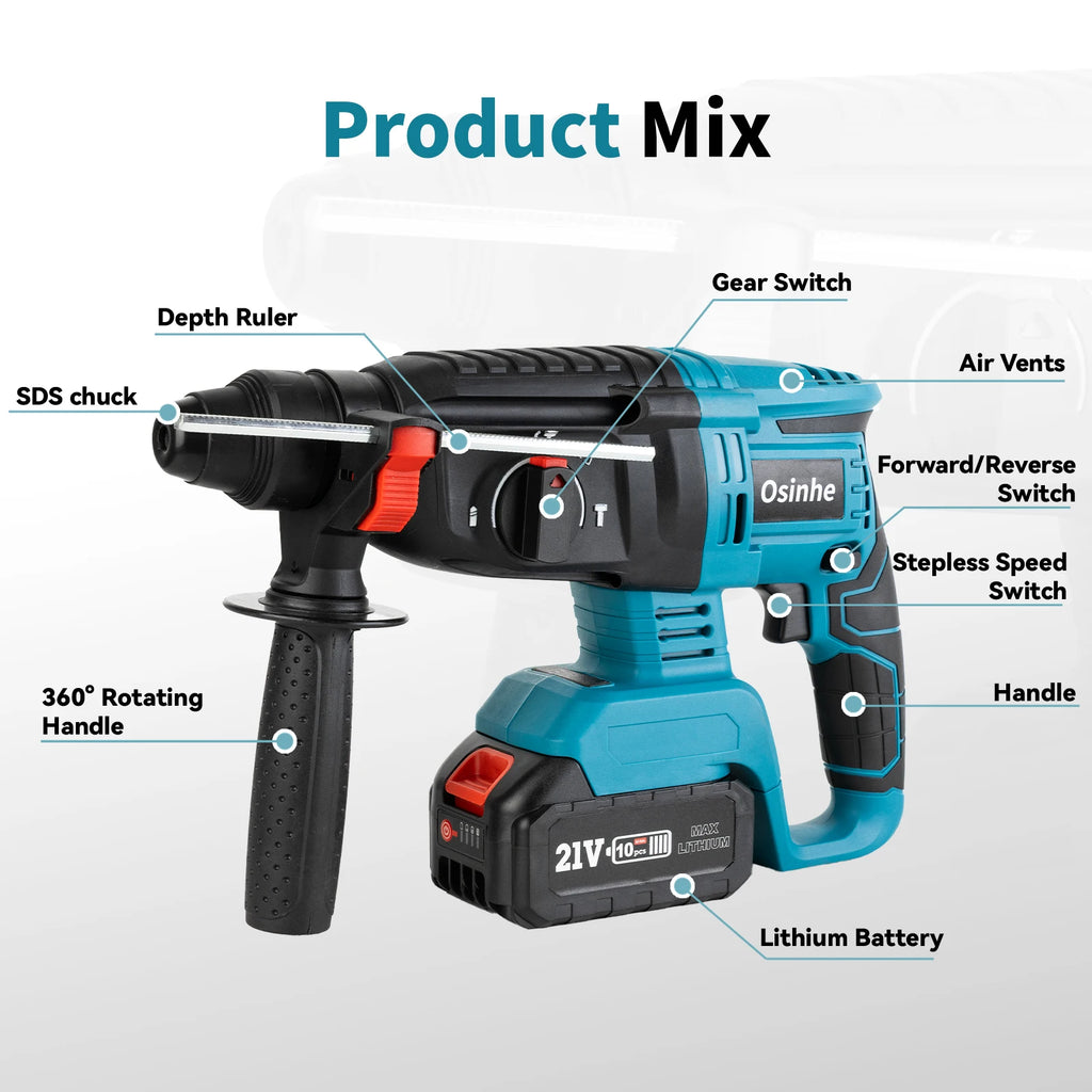 26mm Brushless Electric Hammer Drill Multifunctional Rotary Hammer Drill Cordless Impact Drill Tool For Makita 18V Battery Pin