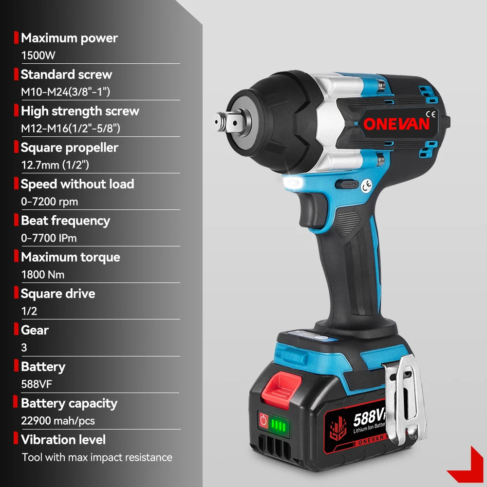 ONEVAN High Torque Cordless Brushless Electric Impact Wrench 1800N.M 1/2" Drill Screwdrivers Power Tools For Makita Battery Pin