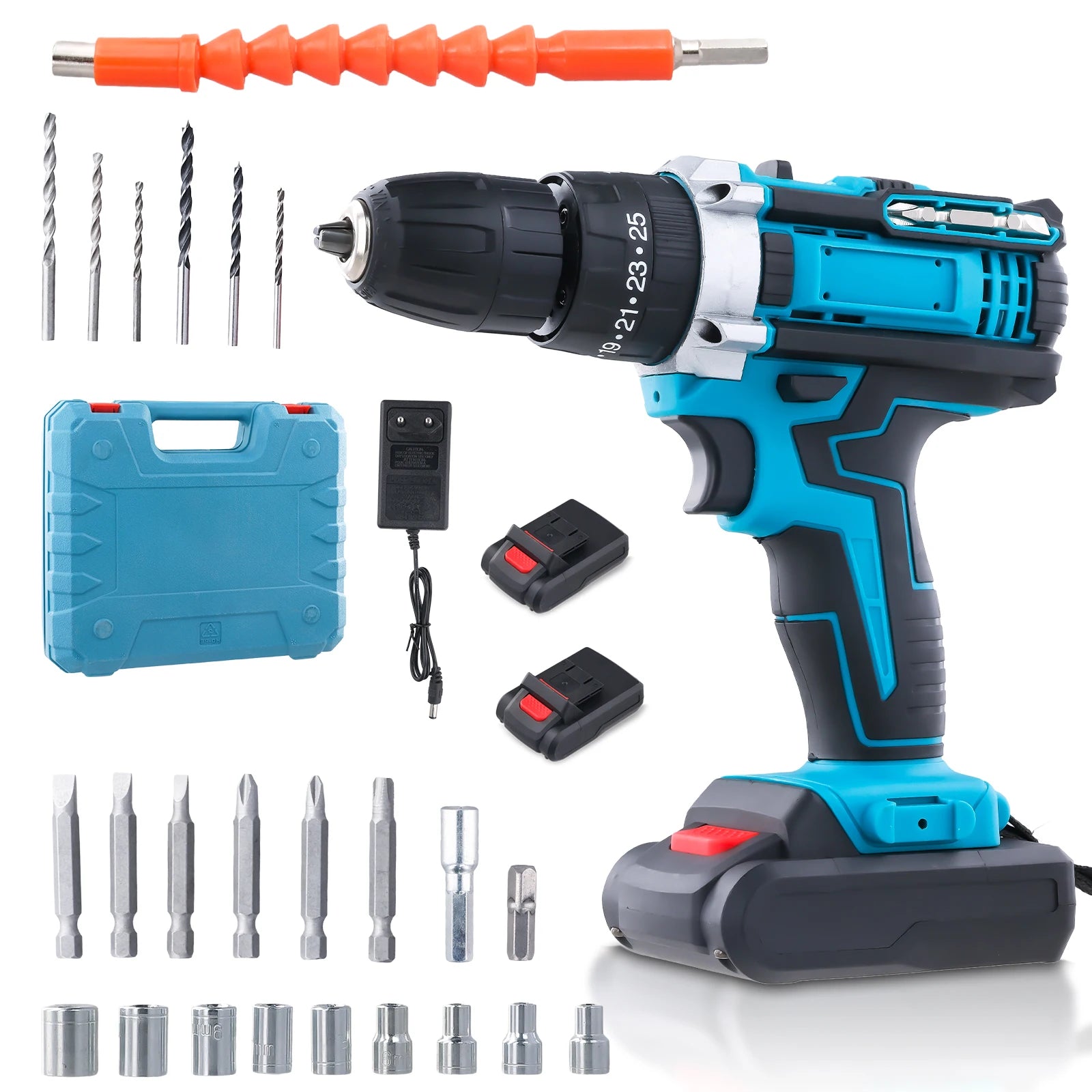 21V Cordless Brush Drill Driver with Impact Function Rotary Hammer 2-Speed Hammer Drill Electric Screwdriver Set With 2 Battery
