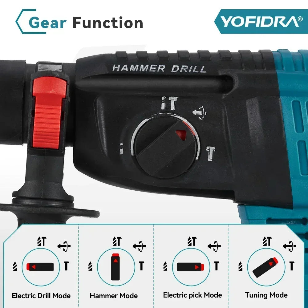 YOFIDRA 26MM Brushless Electric Hammer Drill 1680W Cordless Multifunctional Rotary Hammer Drill Tool For Makita 18V Battery Pin