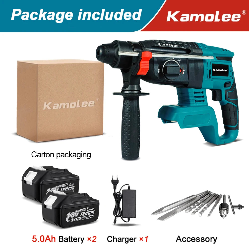 Kamolee 2000W 10600IPM Brushless Cordless Rotary Hammer Drill Rechargeable Electric Hammer Impact Drill
