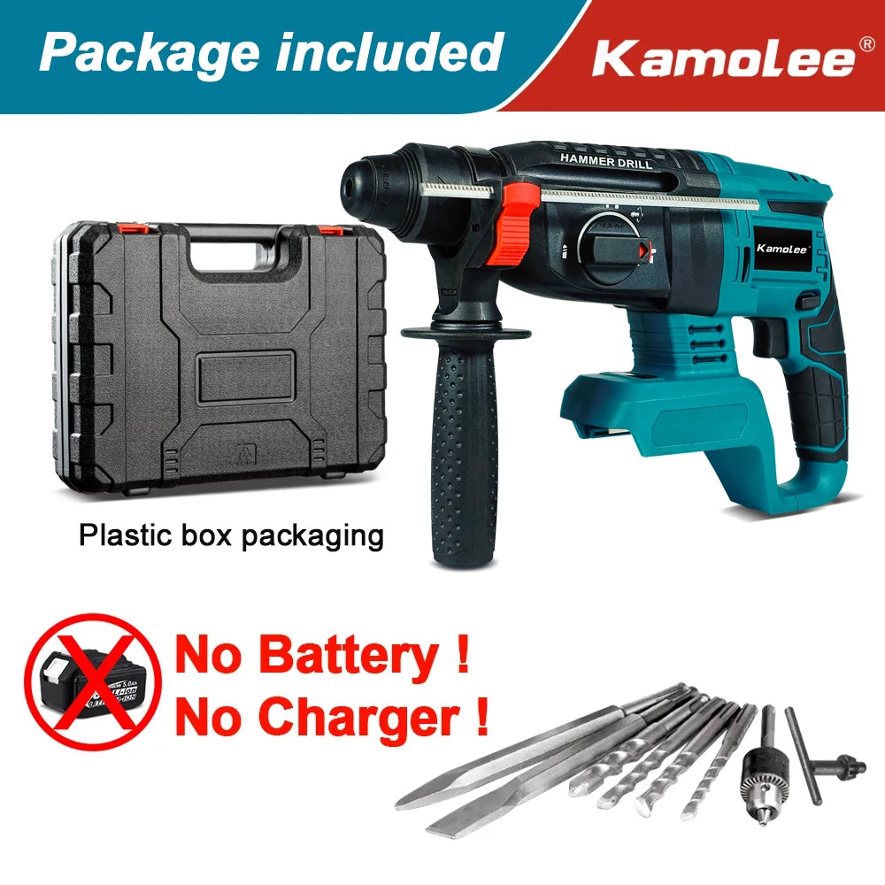 Kamolee 2000W 10600IPM Brushless Cordless Rotary Hammer Drill Rechargeable Electric Hammer Impact Drill
