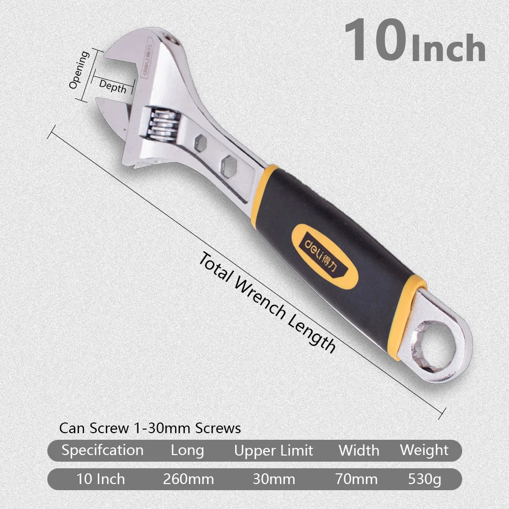 Deli 1 Pcs 6/8/10/12 Inch Universal Spanner Adjustable Wrench Strong with Non-slip Handle Large Opening Monkey Wrench
