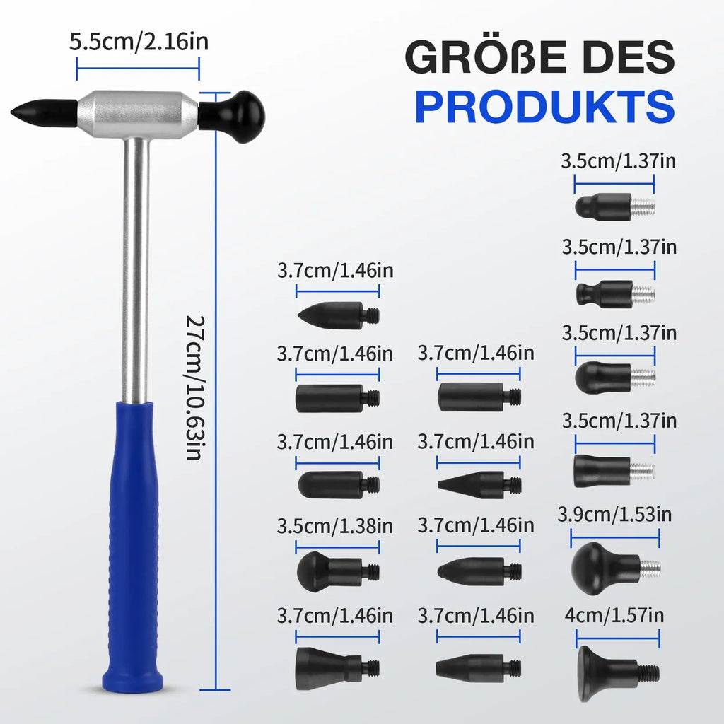 PDR Tool Dent Repair Hammer Set 15 Interchangeable Heads for Precise Removal of Small Hail Damage Rustproof Aluminum Alloy