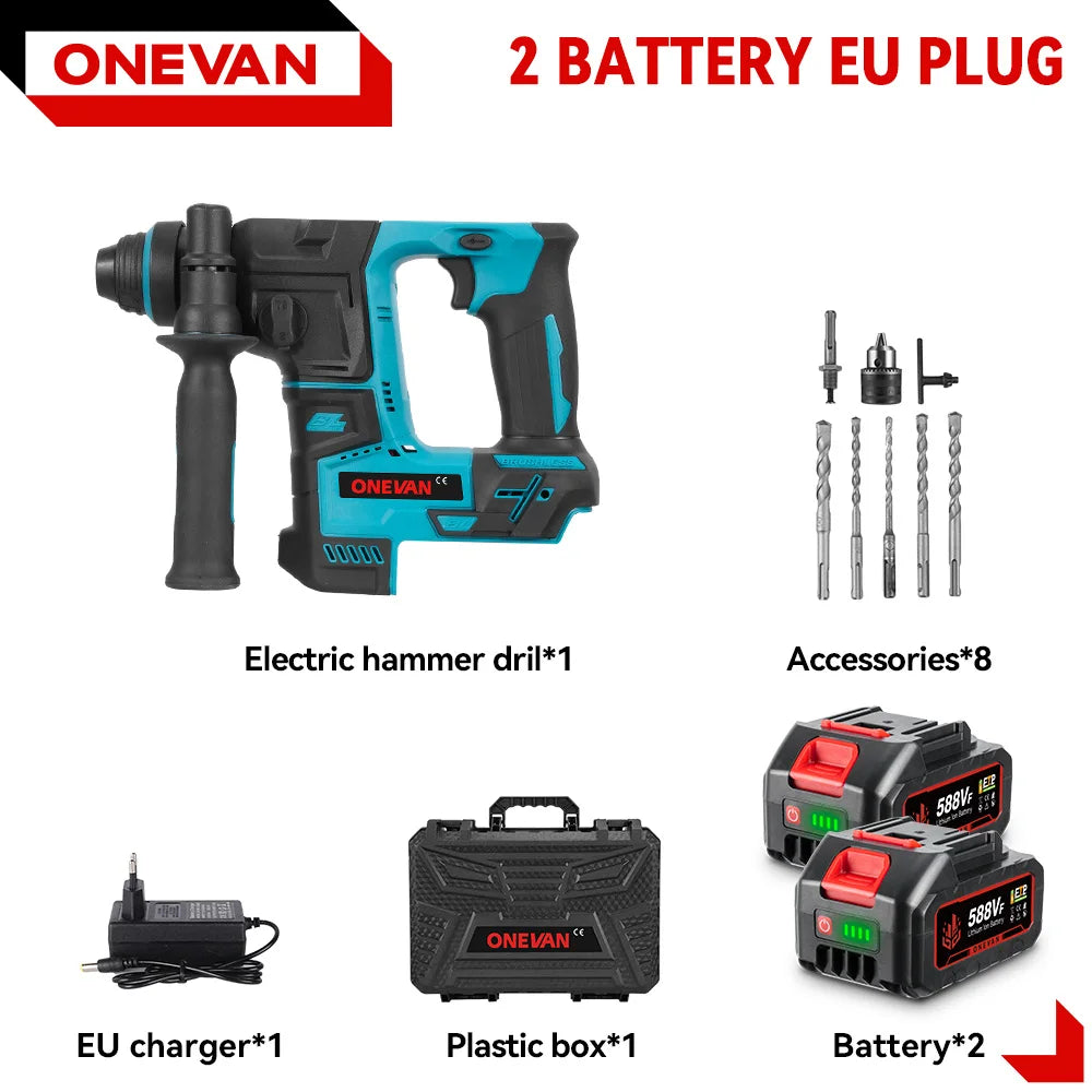 ONEVAN 27MM Brushless Electric Hammer Impact Drill Cordless Multifunction Rotary Hammer Power Tool For Makita 18V Battery Pin