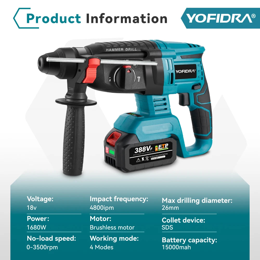 YOFIDRA 26MM Brushless Electric Hammer Drill 1680W Cordless Multifunctional Rotary Hammer Drill Tool For Makita 18V Battery Pin
