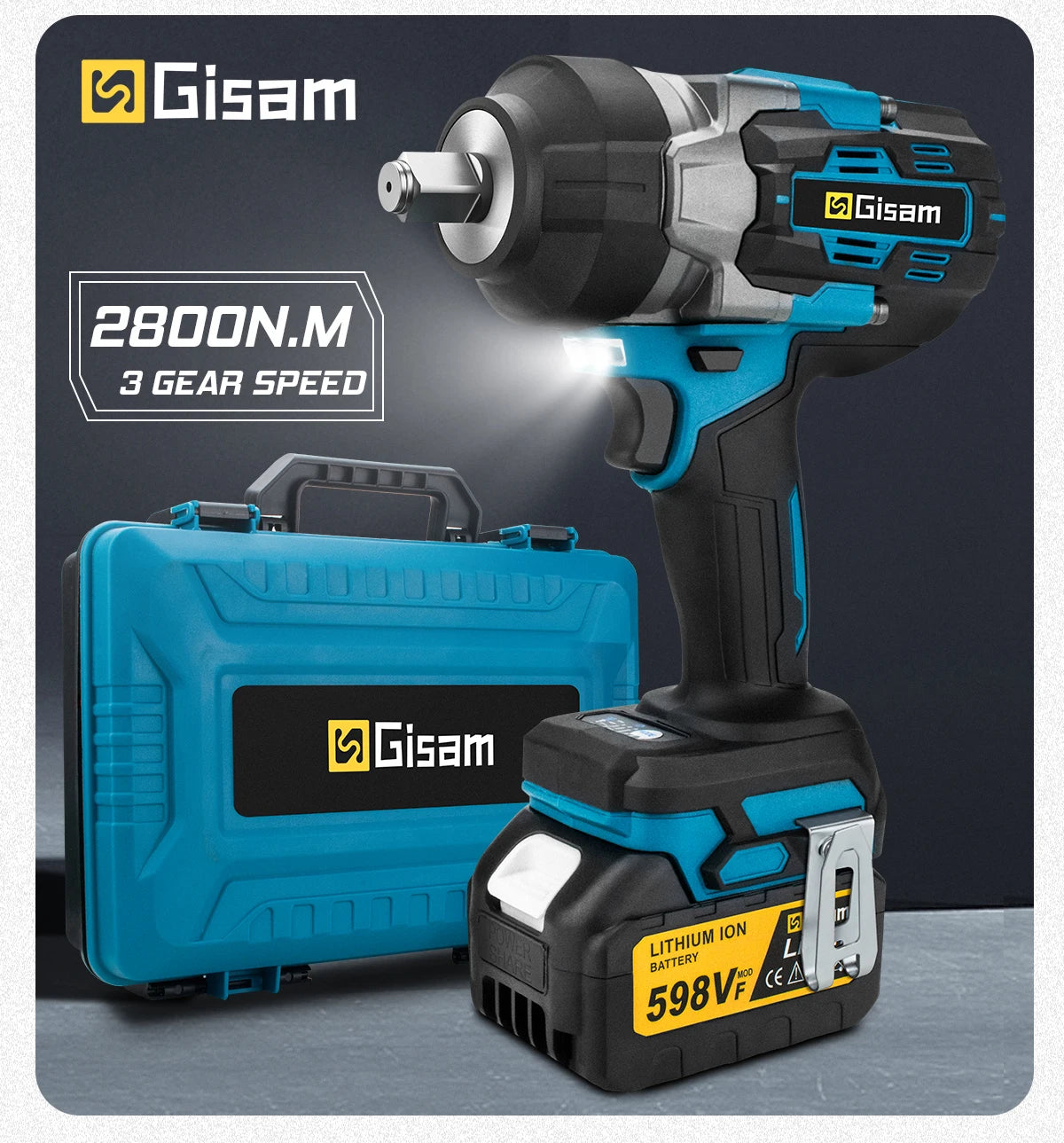 Gisam 2800N.M Brushless Electric Wrench 1/2 Inch Impact Wrench Electirc Screwdriver Drill Compatible with Makita 18V Battery Pin