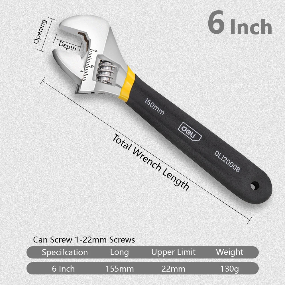 Deli 1 Pcs 6/8/10/12 Inch Universal Spanner Adjustable Wrench Strong with Non-slip Handle Large Opening Monkey Wrench