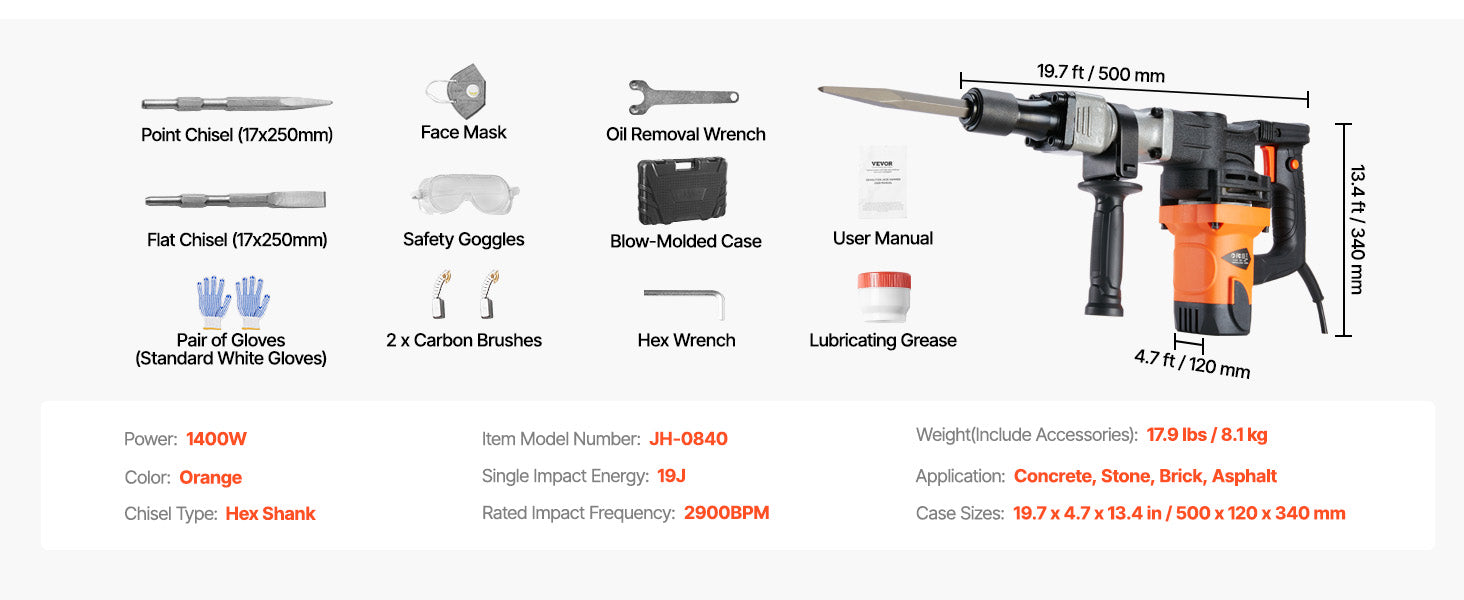 SucceBuy 1400W Demolition Jack Hammer Electric Jackhammer Heavy Duty 2900 BPM Concrete Breaker 2pcs Chisels Bits Chipping