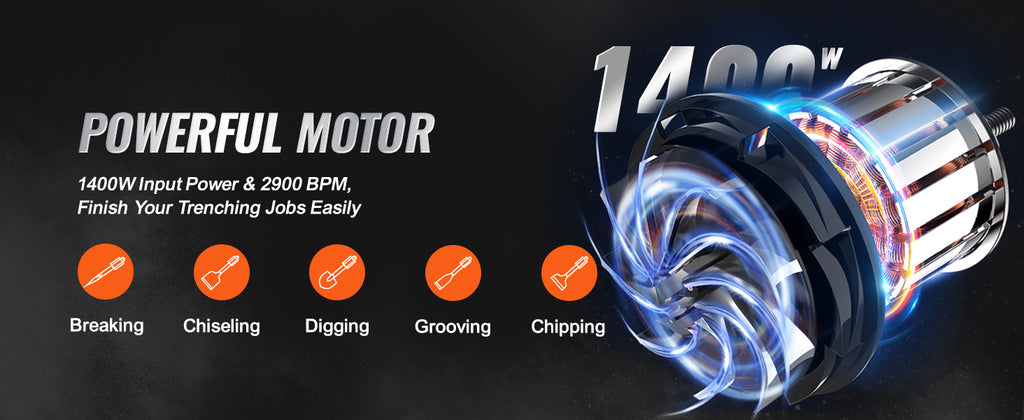 SucceBuy 1400W Demolition Jack Hammer Electric Jackhammer Heavy Duty 2900 BPM Concrete Breaker 2pcs Chisels Bits Chipping